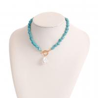 Fashion Turquoise Necklace Natural Turquoise with Plastic Pearl & Zinc Alloy irregular gold color plated for woman mixed colors 22mm Length 15.7 Inch Sold By PC
