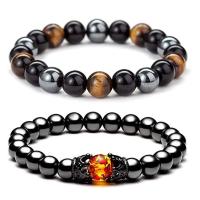 Gemstone Bracelets, Obsidian, with Tiger Eye & Tibetan Style, Round, gun black plated, Unisex & different styles for choice, mixed colors, 8mm, Length:6.3 Inch, Sold By PC