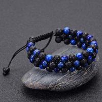 Gemstone Woven Ball Bracelets Lapis Lazuli with Knot Cord & Lava handmade three layers & fashion jewelry & Unisex 6mm Length Approx 7.5-11.8 Inch Sold By PC