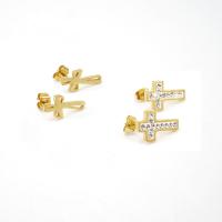 Stainless Steel Stud Earrings 304 Stainless Steel Cross 18K gold plated fashion jewelry & for woman & with rhinestone golden 16*10mm 18*12mm Sold By Pair