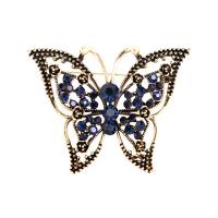 Rhinestone Brooch, Tibetan Style, Butterfly, gold color plated, for woman & with rhinestone & hollow, nickel, lead & cadmium free, 50x40mm, 10PCs/Lot, Sold By Lot