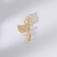 Freshwater Pearl Brooch, Brass, with Freshwater Pearl, Leaf, 18K gold plated, micro pave cubic zirconia & for woman, 35x62mm, Sold By PC