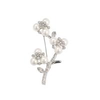 Cubic Zirconia Brooch, Brass, with Plastic Pearl, Plum Blossom, plated, micro pave cubic zirconia & for woman, more colors for choice, nickel, lead & cadmium free, 42x65mm, Sold By PC