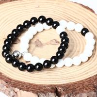 Gemstone Bracelets, Black Stone, with Magnet & White Chalcedony, Round, for couple, mixed colors, 8mm, Length:Approx 7.5 Inch, Approx 2PCs/Set, Sold By Set