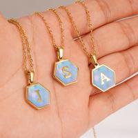 Stainless Steel Jewelry Necklace, 304 Stainless Steel, with Shell, Hexagon, Vacuum Ion Plating, fashion jewelry & different designs for choice & with letter pattern & for woman, golden, 16mm, Length:Approx 18 Inch, Sold By PC