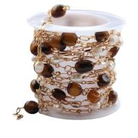 Brass Ball Chain, with Tiger Eye & Plastic Pearl, plated, mixed colors, 2.50mm, 5m/Spool, Sold By Spool