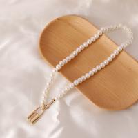 Plastic Pearl Necklace, with Tibetan Style, Lock, gold color plated, for woman, white, 10x17mm, Length:Approx 15.75 Inch, Sold By PC