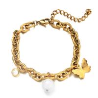 Stainless Steel Jewelry Bracelet, 304 Stainless Steel, with Shell Pearl, with 1.97inch extender chain, Butterfly, Vacuum Ion Plating, fashion jewelry & for woman & with rhinestone, more colors for choice, 7mm, Length:Approx 6.69 Inch, Sold By PC