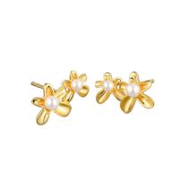 Brass Stud Earring with Plastic Pearl Flower plated fashion jewelry & for woman nickel lead & cadmium free Sold By Pair