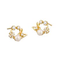 Cubic Zirconia Micro Pave Brass Earring, with Plastic Pearl, Round, plated, fashion jewelry & micro pave cubic zirconia & for woman, more colors for choice, nickel, lead & cadmium free, 14.50x11mm, Sold By Pair