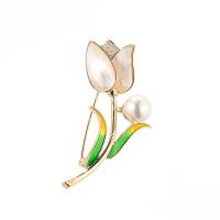 Shell Brooch, Brass, with Shell Pearl & White Shell, Tulip, 18K gold plated, micro pave cubic zirconia & for woman & enamel, 31x59mm, Sold By PC