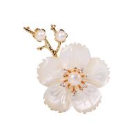 Shell Brooch, Tibetan Style, with White Shell & Freshwater Pearl & Brass, Flower, real gold plated, micro pave cubic zirconia & for woman, 34x50mm, Sold By PC