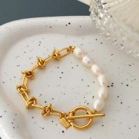 Brass Bracelet & Bangle with Plastic Pearl gold color plated fashion jewelry & for woman nickel lead & cadmium free Length Approx 7.28 Inch Sold By PC