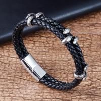Aço inoxidável 316L pulseira, with Couro do plutônio, polido, joias de moda & para o homem, preto, comprimento 21 cm, vendido por PC
