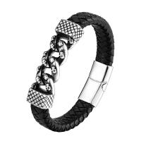 acier inoxydable 316L bracelet, avec cuir PU, poli, bijoux de mode & pour homme, noire, Longueur:21 cm, Vendu par PC