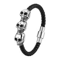 316L Stainless Steel Bracelet, with PU Leather, Skull, polished, fashion jewelry & for man, black, Length:21 cm, Sold By PC