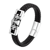 316L Stainless Steel Bracelet, with PU Leather, polished, fashion jewelry & for man, black, Length:21 cm, Sold By PC