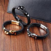 Stainless Steel Jewelry Bracelet, 316L Stainless Steel, with PU Leather, Skull, polished, fashion jewelry & for man, more colors for choice, Length:21 cm, Sold By PC