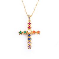 Brass Necklace, with 1.97 extender chain, Cross, gold color plated, for woman & with rhinestone, more colors for choice, nickel, lead & cadmium free, 45x30mm, Length:17.72 Inch, Sold By PC
