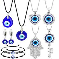 Evil Eye Jewelry Set, bracelet & earring & necklace, Tibetan Style, with Polyester Cord & Lampwork, silver color plated, 9 pieces & with rhinestone, mixed colors, nickel, lead & cadmium free, 9PCs/Set, Sold By Set