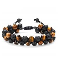 Bracelets Woven Ball pierres précieuses, oeil de tigre, avec Cordon de noeud & lave volcanique, fait à la main, Double couche & bijoux de mode & unisexe, Longueur:Environ 7-9.4 pouce, Vendu par PC
