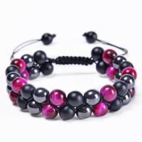 Gemstone Woven Ball Bracelets Tiger Eye with Knot Cord & Black Magnetic Stone & Abrazine Stone handmade Double Layer & fashion jewelry & Unisex 8mm Length Approx 7-11.8 Inch Sold By PC
