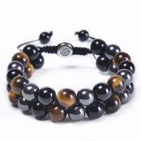 Gemstone Woven Ball Bracelets Tiger Eye with Knot Cord & Black Magnetic Stone & Black Agate handmade Double Layer & fashion jewelry & Unisex 10mm Length Approx 7-11.8 Inch Sold By PC