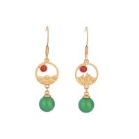 Tibetan Style Drop Earring, with Green Calcedony, matte gold color plated, for woman & hollow, green, 44mm, Sold By Pair