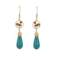 Tibetan Style Drop Earring, with Jade, matte gold color plated, imitation turquoise & for woman & hollow, turquoise blue, 58mm, Sold By Pair