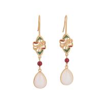 Brass Drop Earring with Gemstone matte gold color plated for woman & enamel & hollow 62mm Sold By Pair