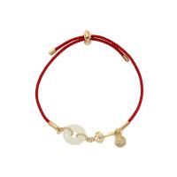 Bracelets de pierres précieuses, Argent sterling 925, avec Hetian Jade & corde de cire, Placage de couleur d'or, Réglable & pour femme, rouge, Vendu par PC
