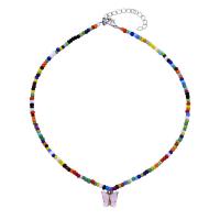 Glass Seed Beads Necklace, Cats Eye, with Glass Seed Beads & Tibetan Style, with 5cm extender chain, Butterfly, fashion jewelry & for woman, more colors for choice, Sold Per 36 cm Strand