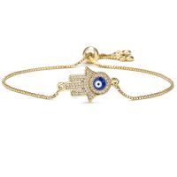 Bracelet Evil Eye bijoux, laiton, Plaqué or 18K, Réglable & pavé de micro zircon & pour femme & émail, Longueur:18-28 cm, Vendu par PC