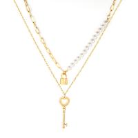 Mode-Multi-Layer-Halskette, 304 Edelstahl, mit Verlängerungskettchen von 5, Schlüssel, Doppelschicht & Modeschmuck & für Frau, goldfarben, 15.30x46.40mm, Länge ca. 157.5 ZollInch, verkauft von PC
