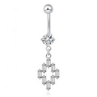 Brass Belly Ring  , with Cubic Zirconia, Rhombus, platinum color plated, for woman & faceted, platinum color, nickel, lead & cadmium free, 11x16mm, Sold By PC