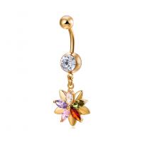 Brass Belly Ring   with Cubic Zirconia Flower gold color plated for woman & faceted nickel lead & cadmium free Sold By PC