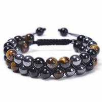 Gemstone Woven Ball Bracelets Tiger Eye with Knot Cord & Black Magnetic Stone & Black Agate handmade Double Layer & fashion jewelry & Unisex 8mm Length Approx 7.5-11.8 Inch Sold By PC