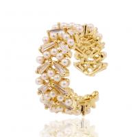 Brass Cuff Finger Ring, with Plastic Pearl, gold color plated, Adjustable & micro pave cubic zirconia & for woman, 16x20mm, Sold By PC