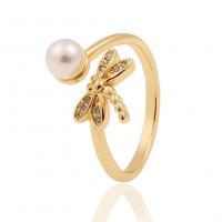 Messing Manchet Finger Ring, met Plastic Pearl, gold plated, Verstelbare & micro pave zirconia & voor vrouw, 21mm, Verkocht door PC