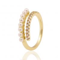 Brass Cuff Finger Ring, with Plastic Pearl, gold color plated, Adjustable & micro pave cubic zirconia & for woman, 10x21mm, Sold By PC