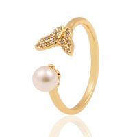 Brass Cuff Finger Ring with Plastic Pearl gold color plated Adjustable & micro pave cubic zirconia & for woman 21mm Sold By PC