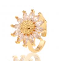 Brass Cuff Finger Ring Flower gold color plated Adjustable & micro pave cubic zirconia & for woman Sold By PC