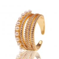 Brass Cuff Finger Ring, with Plastic Pearl, gold color plated, Adjustable & micro pave cubic zirconia & for woman, 14x21mm, Sold By PC