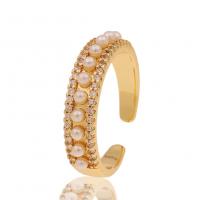 Messing Manchet Finger Ring, met Plastic Pearl, gold plated, Verstelbare & micro pave zirconia & voor vrouw, 5x20mm, Verkocht door PC