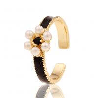 Brass Cuff Finger Ring with Plastic Pearl Flower gold color plated Adjustable & micro pave cubic zirconia & for woman & enamel Sold By PC