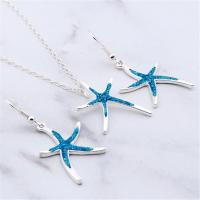 Zinc Alloy Jewelry Sets pendant & earring with Artificial Opal zinc alloy earring hook Starfish real silver plated for woman mixed colors 20-35mm Sold By Set