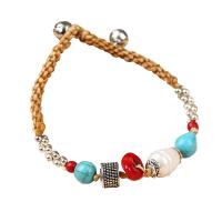 Fashion Turquoise Bracelets Natural Turquoise with Wax Cord & Plastic Pearl & Brass silver color plated vintage & for woman mixed colors Length Approx 18.5 cm Sold By PC