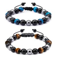 Gemstone Bracelets Tiger Eye with Obsidian & Hematite Round Adjustable & Unisex & anti-fatigue 8mm Length Approx 19-30 cm Sold By PC