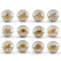 Perles de Quartz clair naturel, Rond, vernis au four, avec motif zodiaque chinois & DIY & or accentué, blanc, Vendu par PC