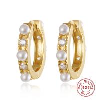925 Sterling Silver Huggie Hoop Earring with Plastic Pearl plated for woman & with rhinestone 12mm Sold By Pair
